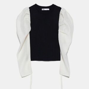 NWOT Zara Blouse Black knit body Off-White Puffy Statement Long Sleeve S